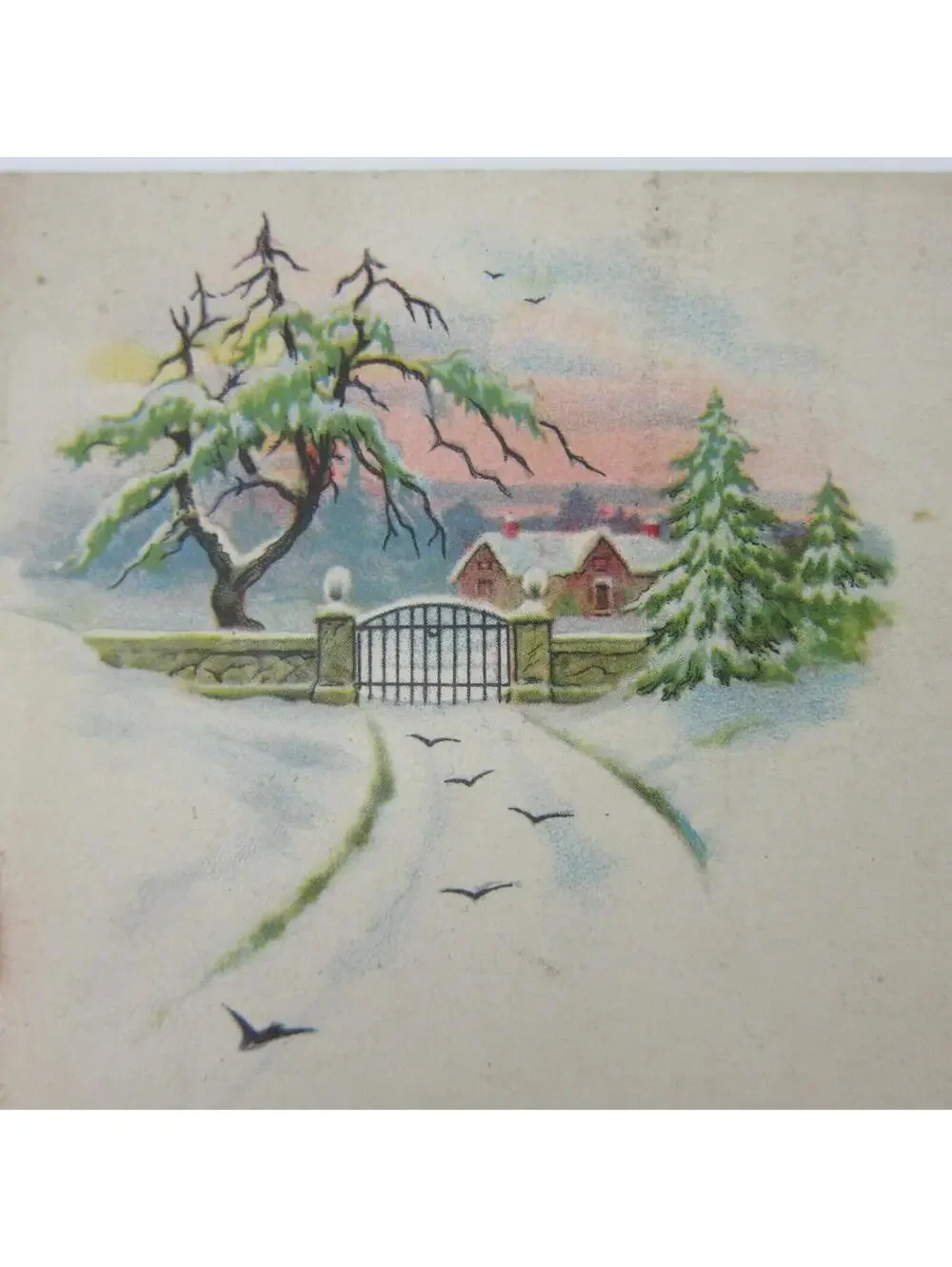 Antique Christmas Card Snowy House Trees Gate Road and Birds Flying Ribbon 1920s